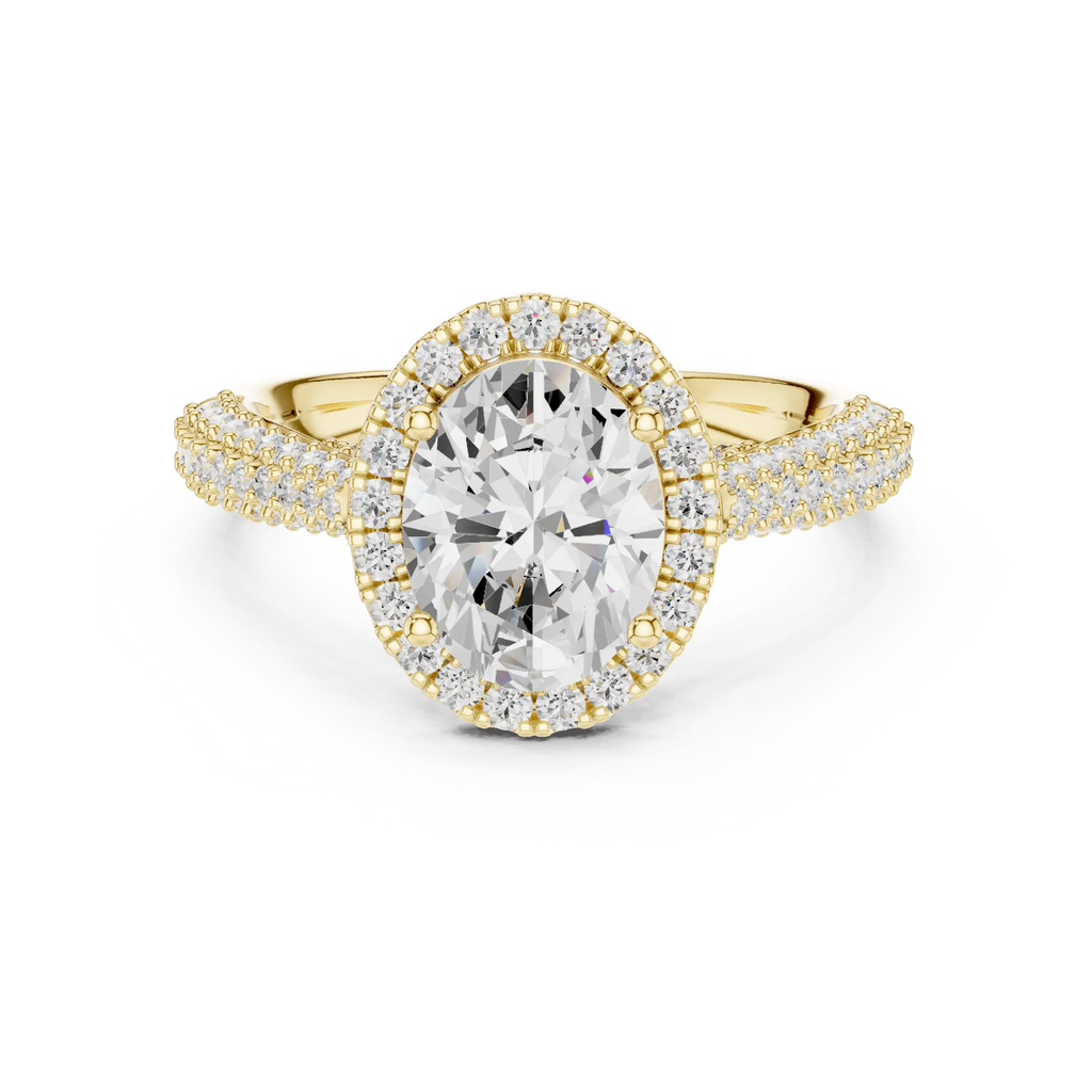 Oval Cut Halo Engagement Ring with Triple Row Pavé Band 14K Rose Gold