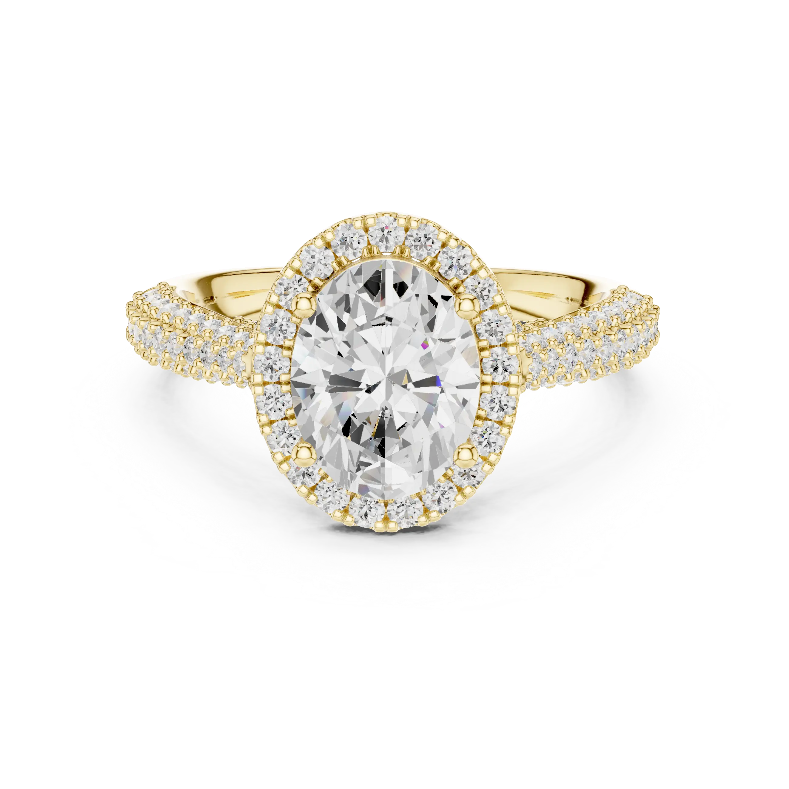 Oval Cut Halo Engagement Ring with Triple Row Pavé Band 14K Rose Gold