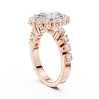 Oval Cut Statement Ring with Petal Halo and Large Stone Pavé Shank