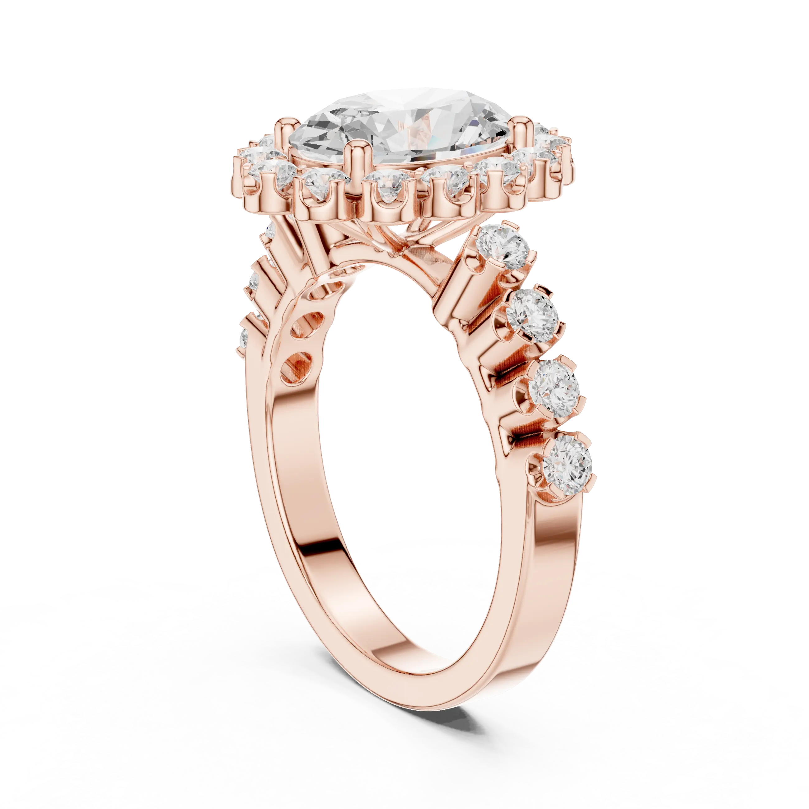 Oval Cut Statement Ring with Petal Halo and Large Stone Pavé Shank