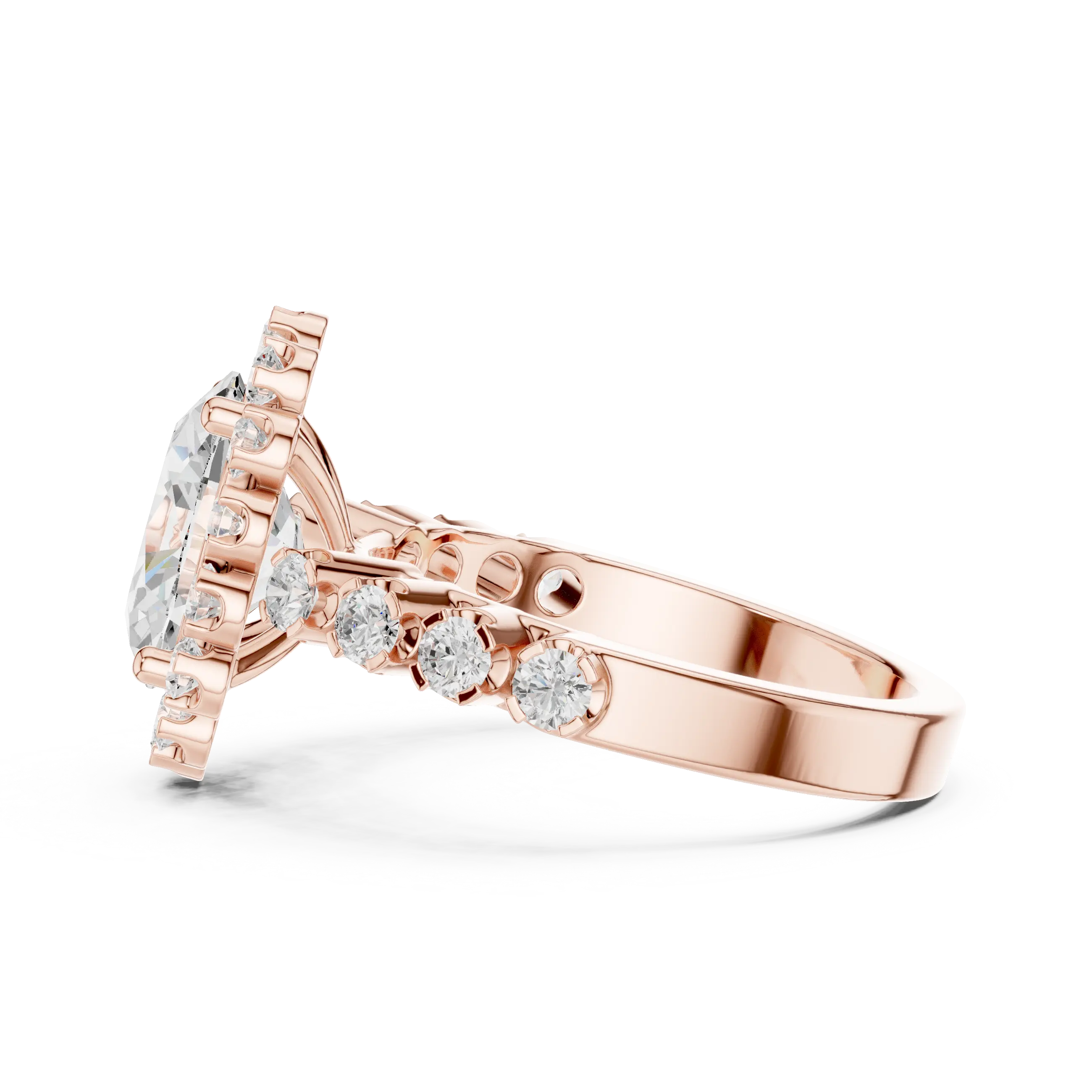 Oval Cut Statement Ring with Petal Halo and Large Stone Pavé Shank