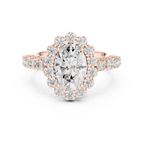 Oval Cut Statement Ring with Petal Halo and Large Stone Pavé Shank