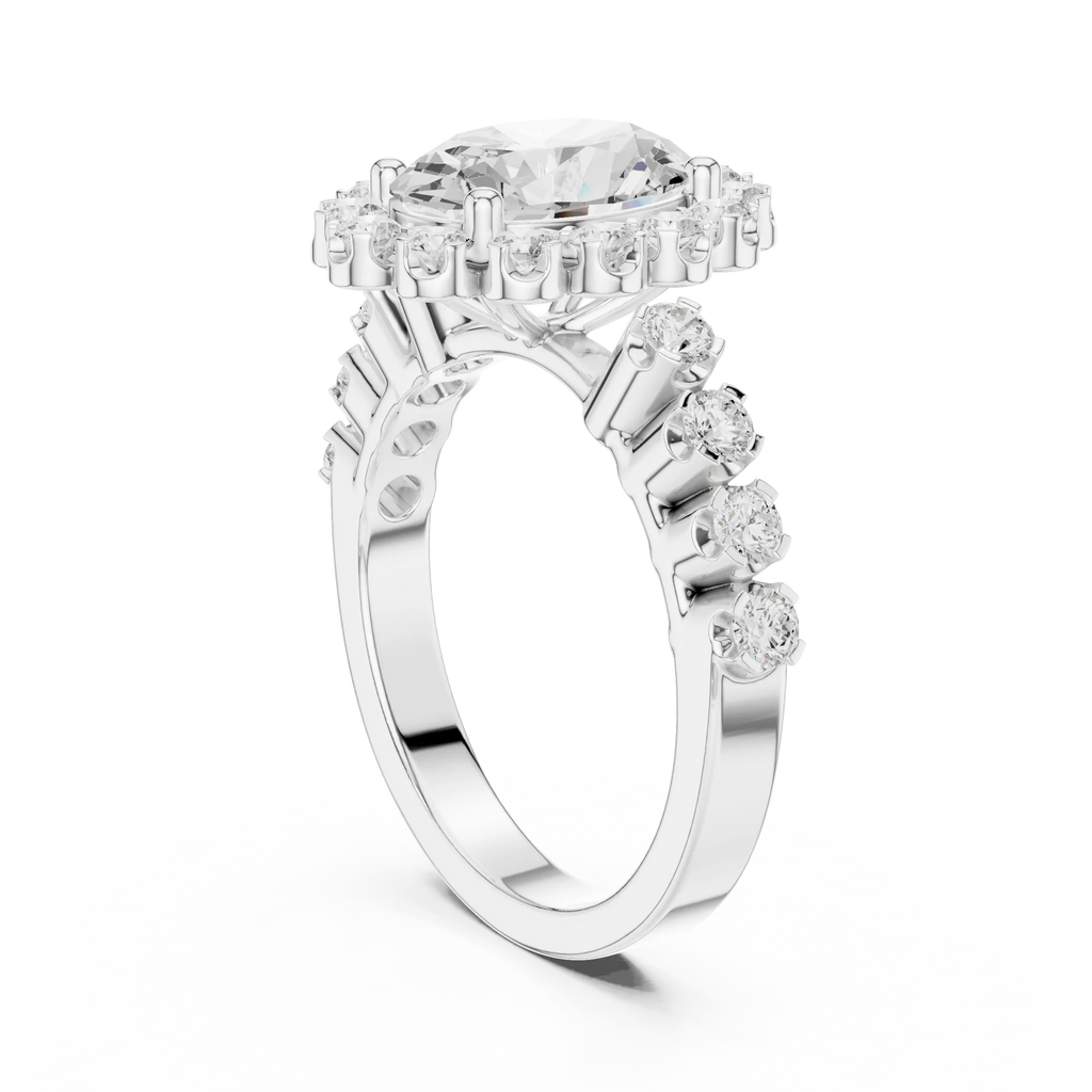 Oval Cut Statement Ring with Petal Halo and Large Stone Pavé Shank