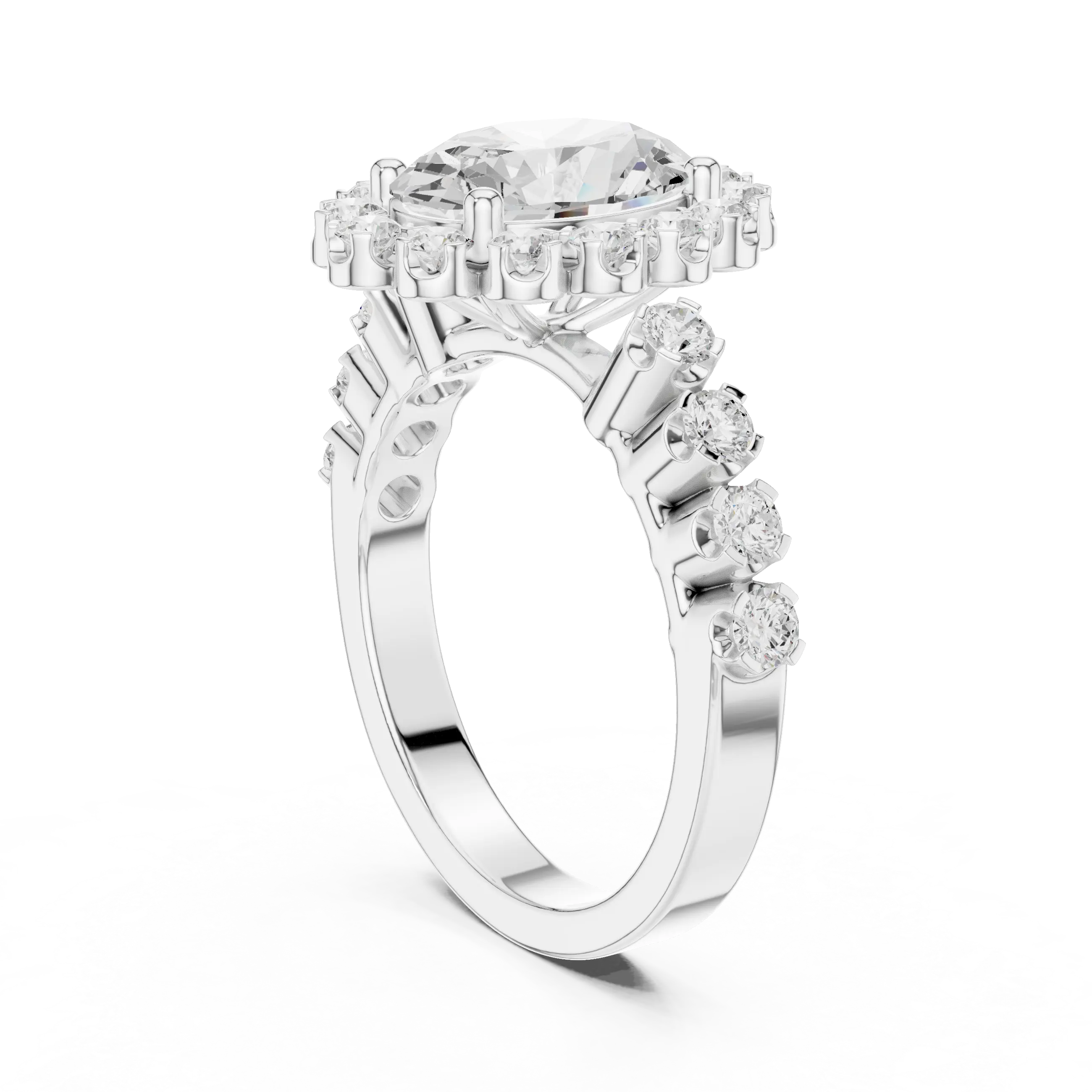 Oval Cut Statement Ring with Petal Halo and Large Stone Pavé Shank