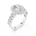 Oval Cut Statement Ring with Petal Halo and Large Stone Pavé Shank