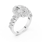 Oval Cut Statement Ring with Petal Halo and Large Stone Pavé Shank