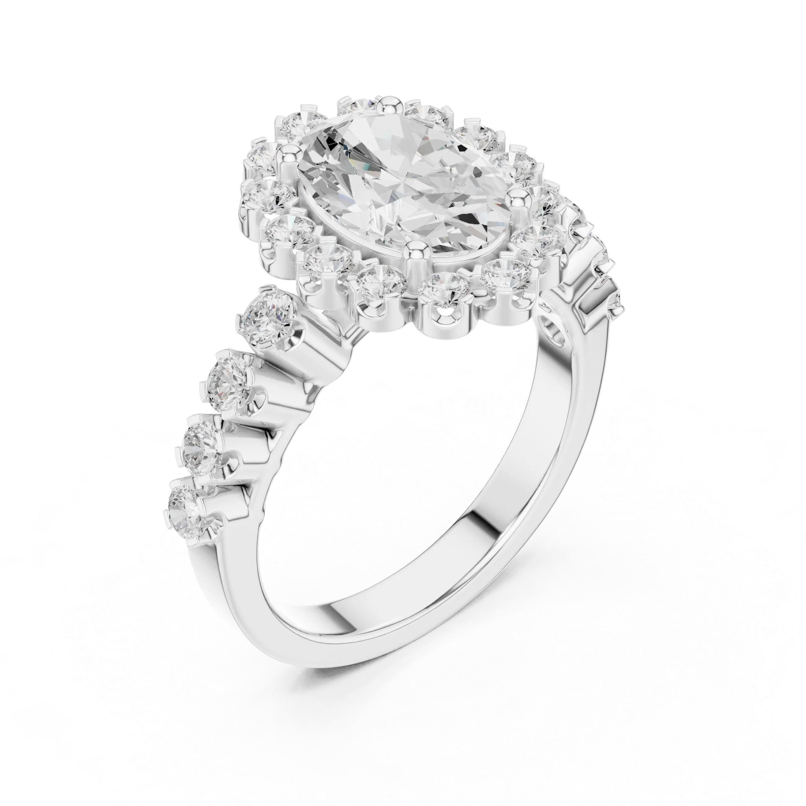 Oval Cut Statement Ring with Petal Halo and Large Stone Pavé Shank
