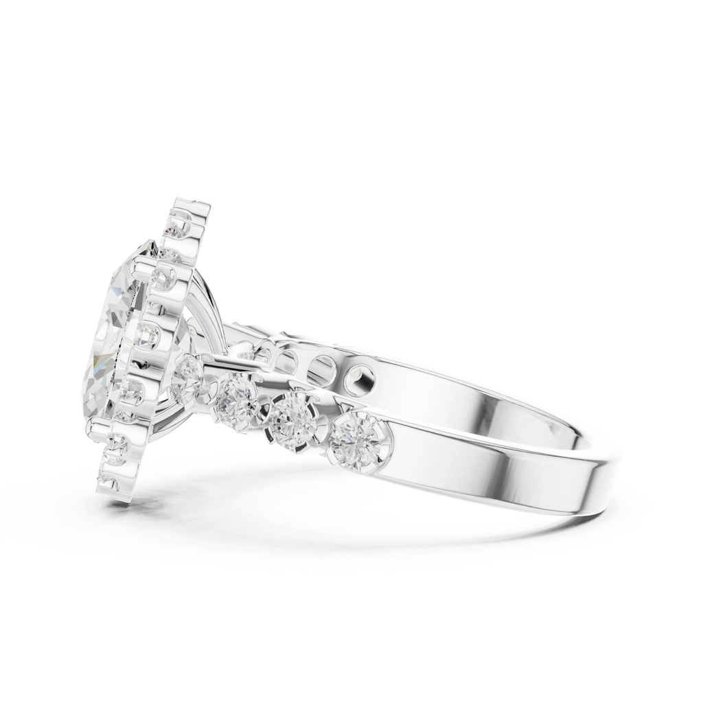 Oval Cut Statement Ring with Petal Halo and Large Stone Pavé Shank