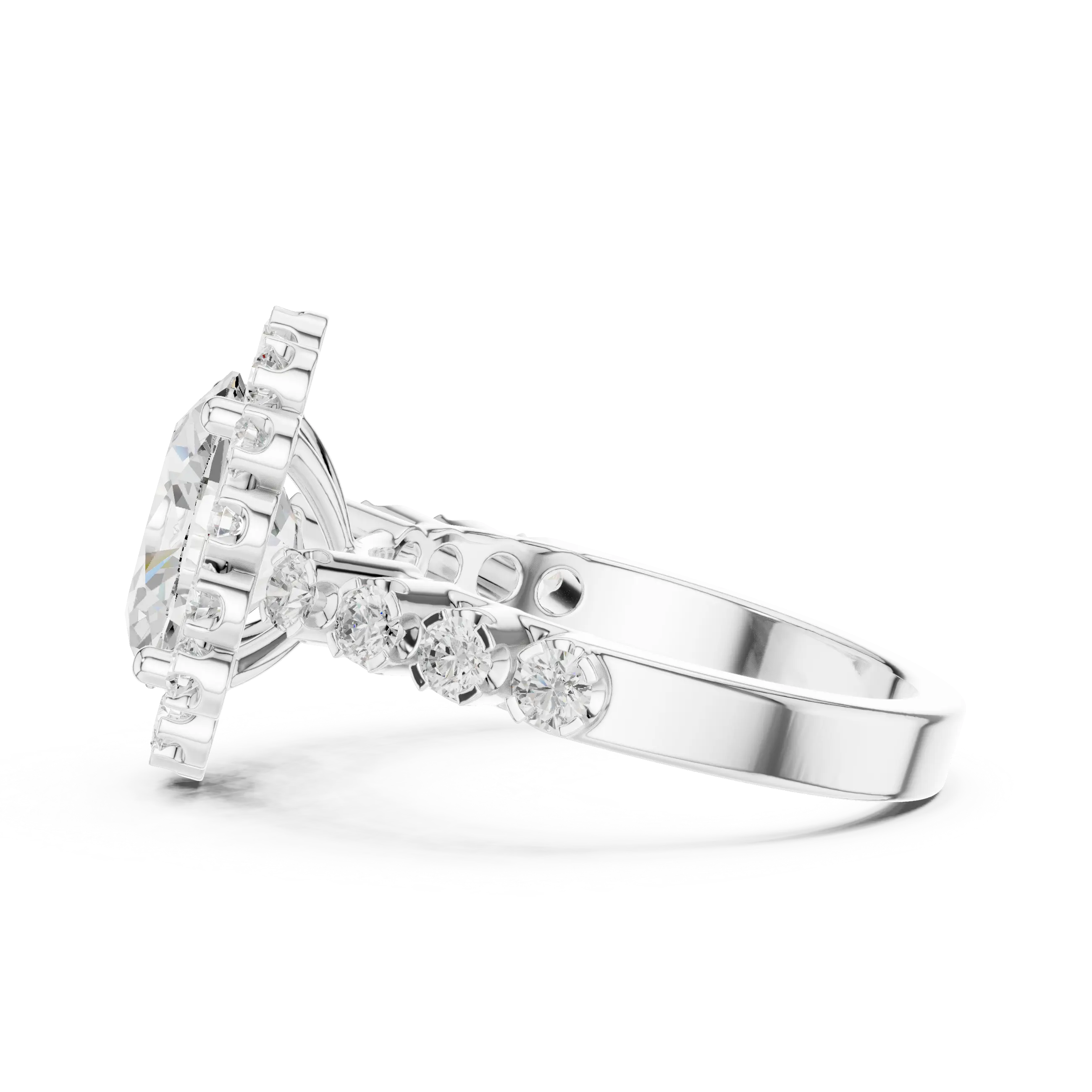 Oval Cut Statement Ring with Petal Halo and Large Stone Pavé Shank