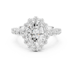 Oval Cut Statement Ring with Petal Halo and Large Stone Pavé Shank