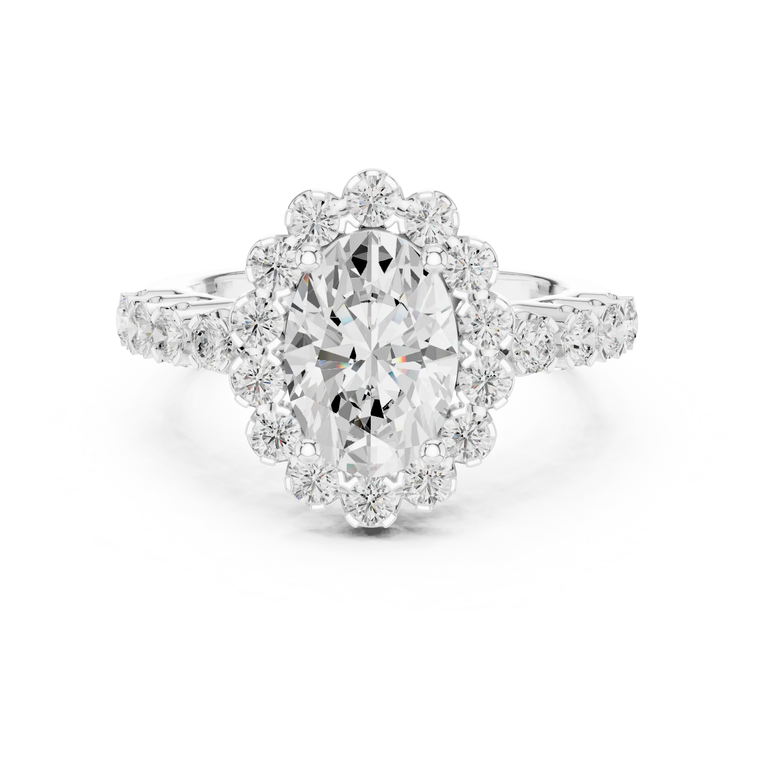 Oval Cut Statement Ring with Petal Halo and Large Stone Pavé Shank