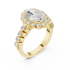 Oval Cut Statement Ring with Petal Halo and Large Stone Pavé Shank