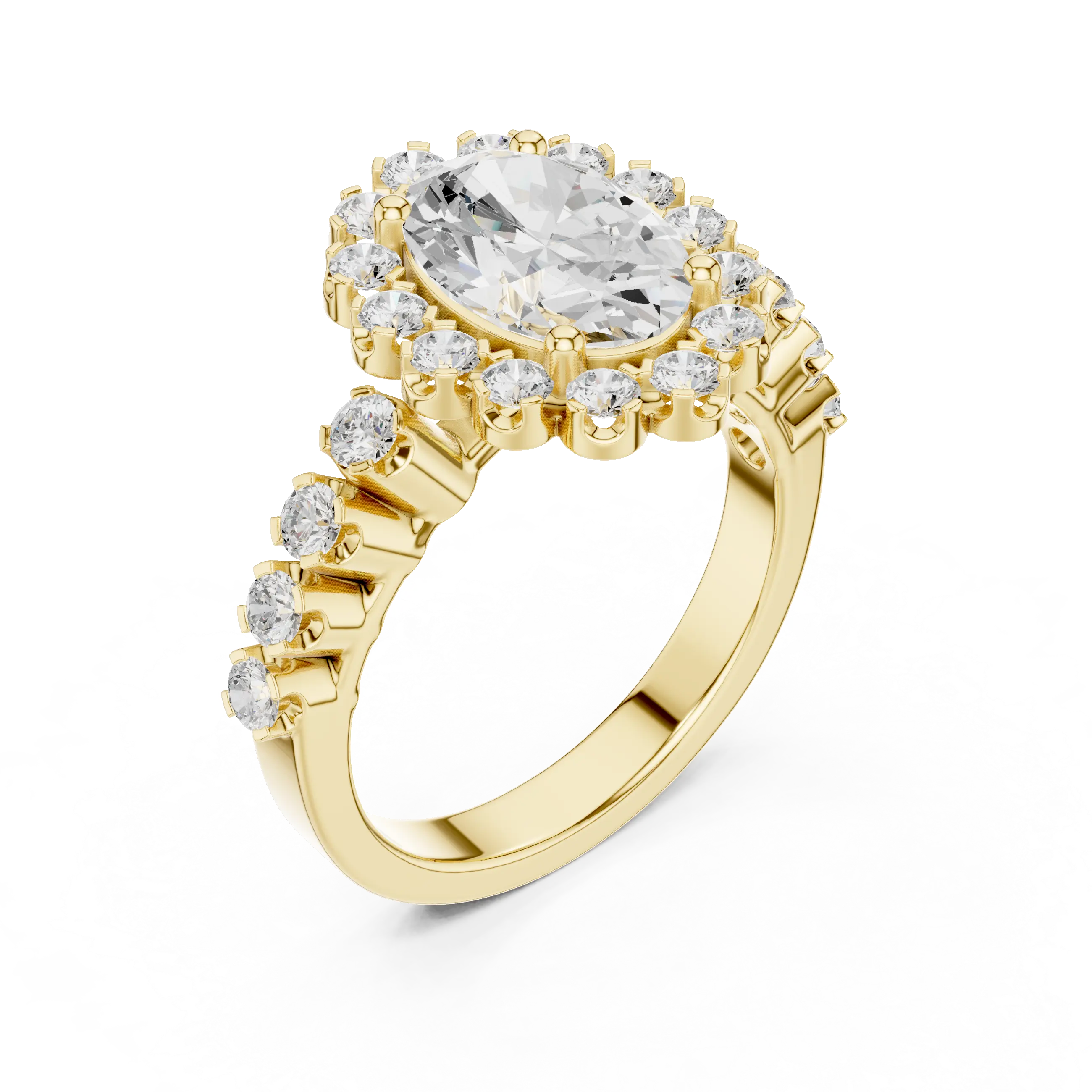 Oval Cut Statement Ring with Petal Halo and Large Stone Pavé Shank