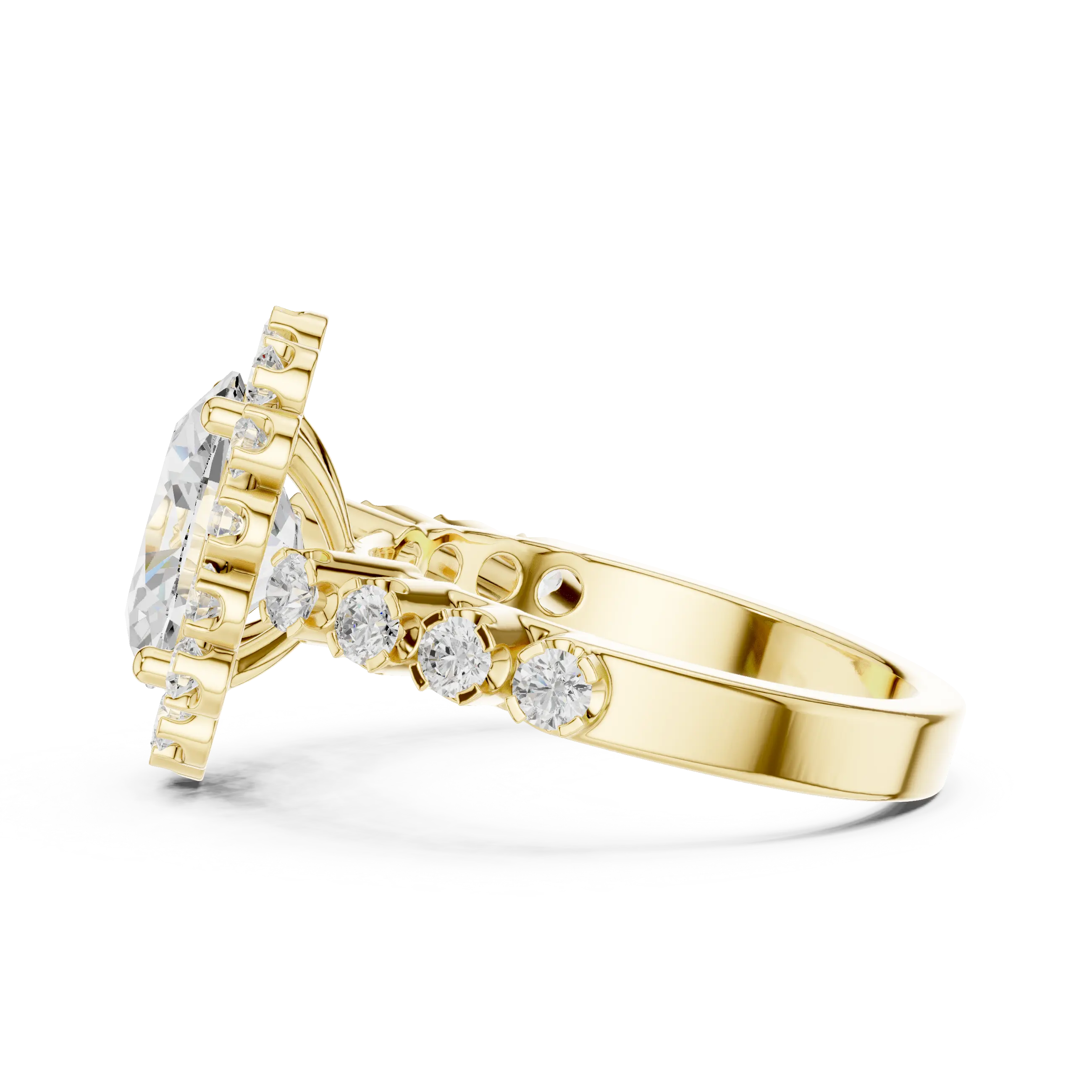 Oval Cut Statement Ring with Petal Halo and Large Stone Pavé Shank