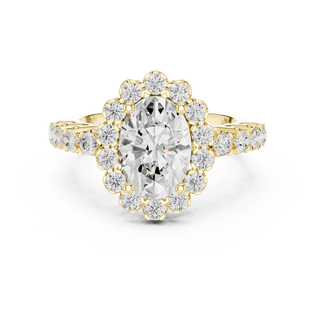 Oval Cut Statement Ring with Petal Halo and Large Stone Pavé Shank