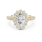 Oval Cut Statement Ring with Petal Halo and Large Stone Pavé Shank