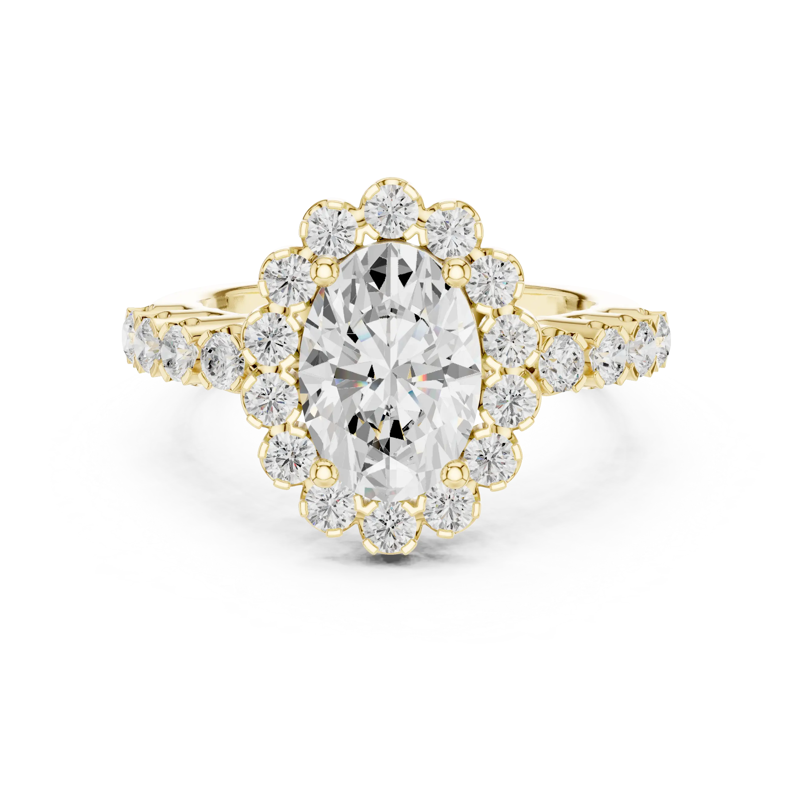 Oval Cut Statement Ring with Petal Halo and Large Stone Pavé Shank