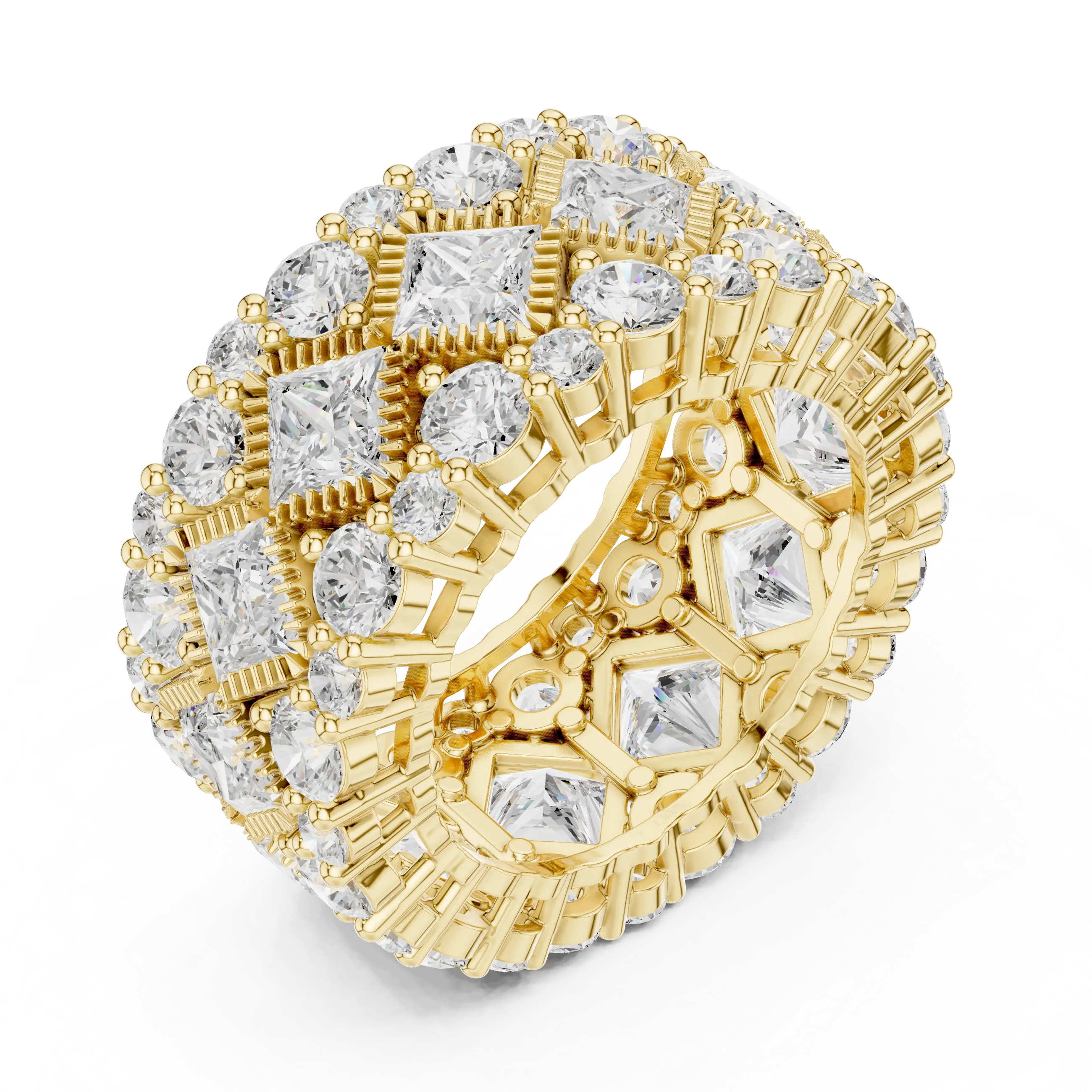 Gold Princess & Round Cut Hip Hop Statement Ring Lab Grown Diamond