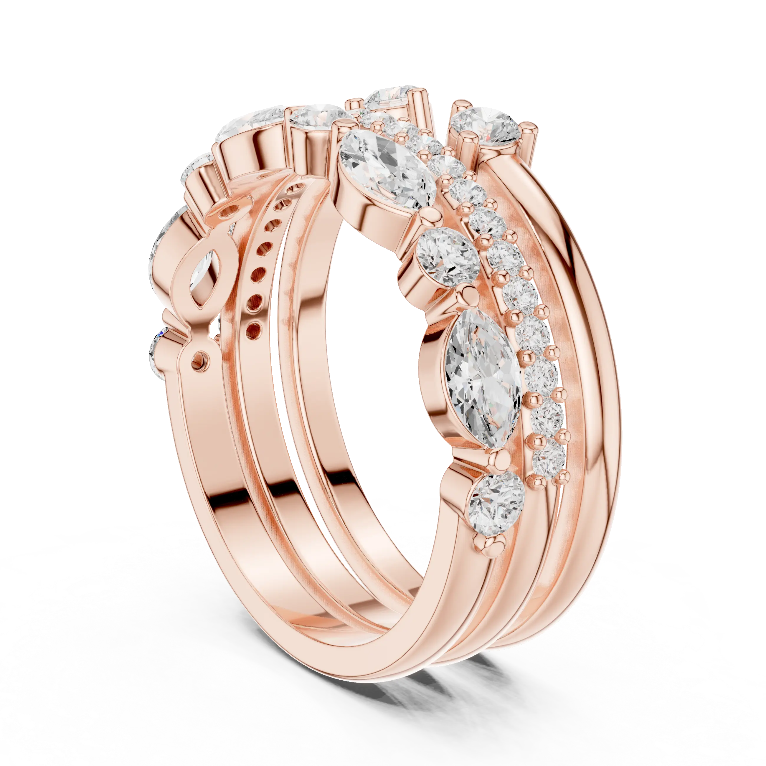 14K Yellow Gold Triple Row Marquise & Round Cluster Band