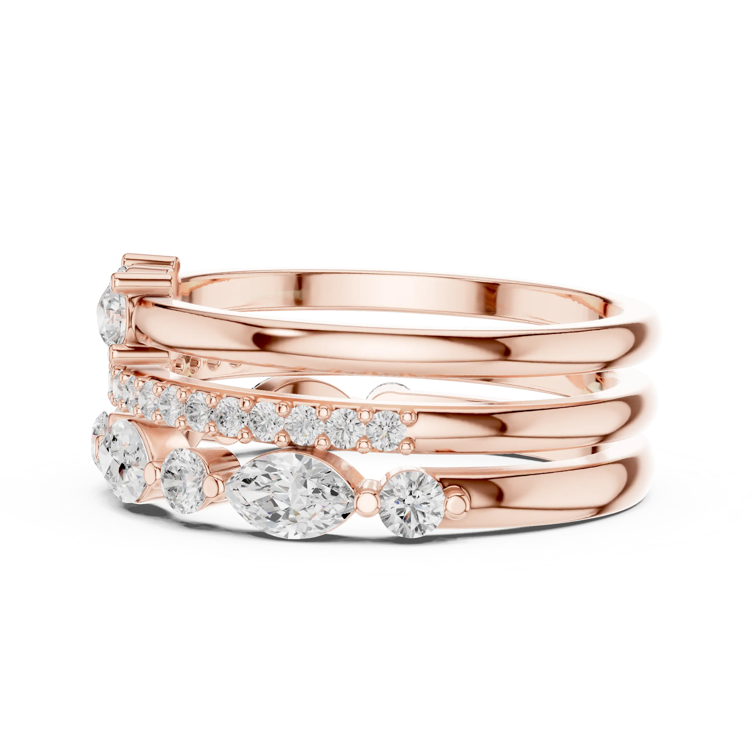 14K Yellow Gold Triple Row Marquise & Round Cluster Band
