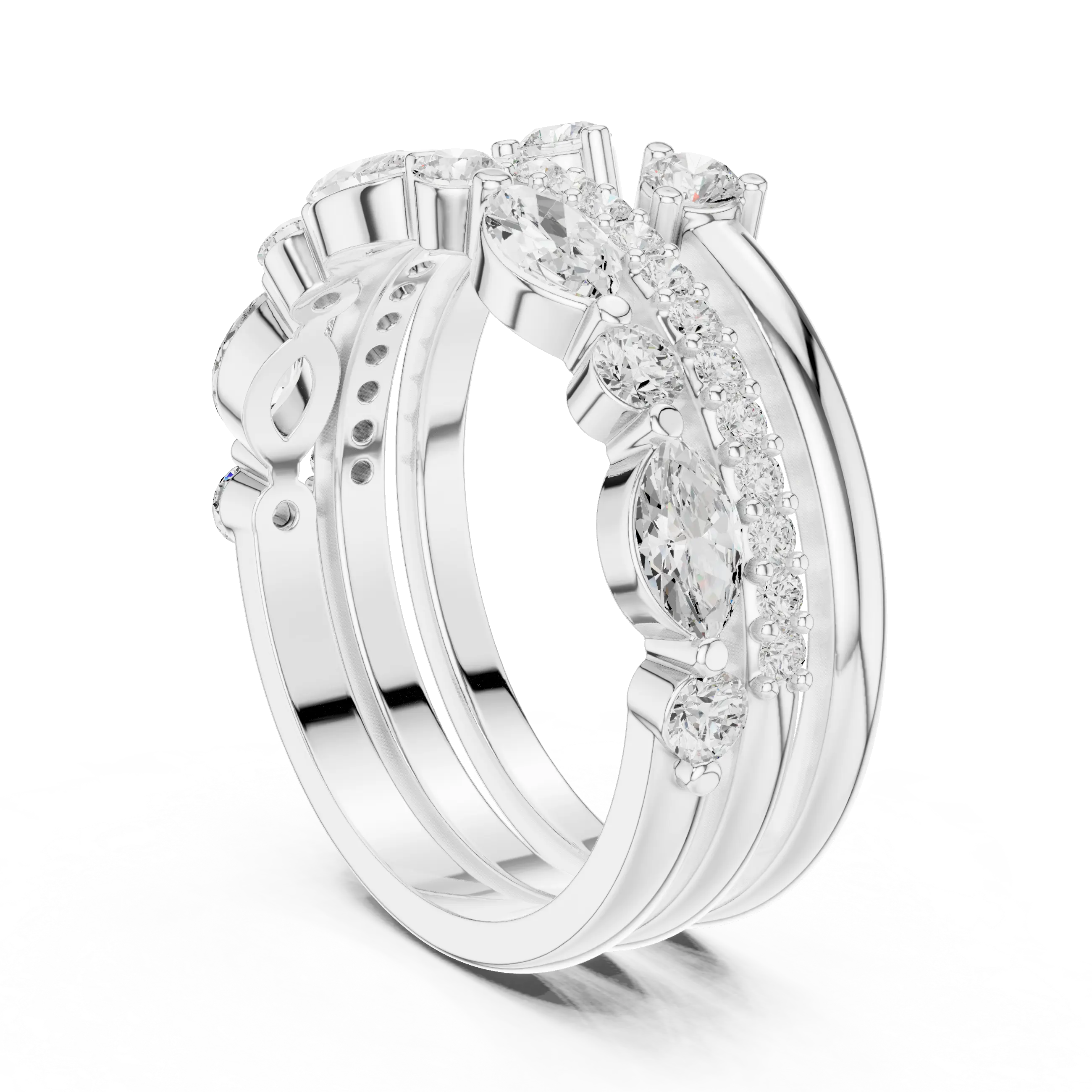 14K Yellow Gold Triple Row Marquise & Round Cluster Band