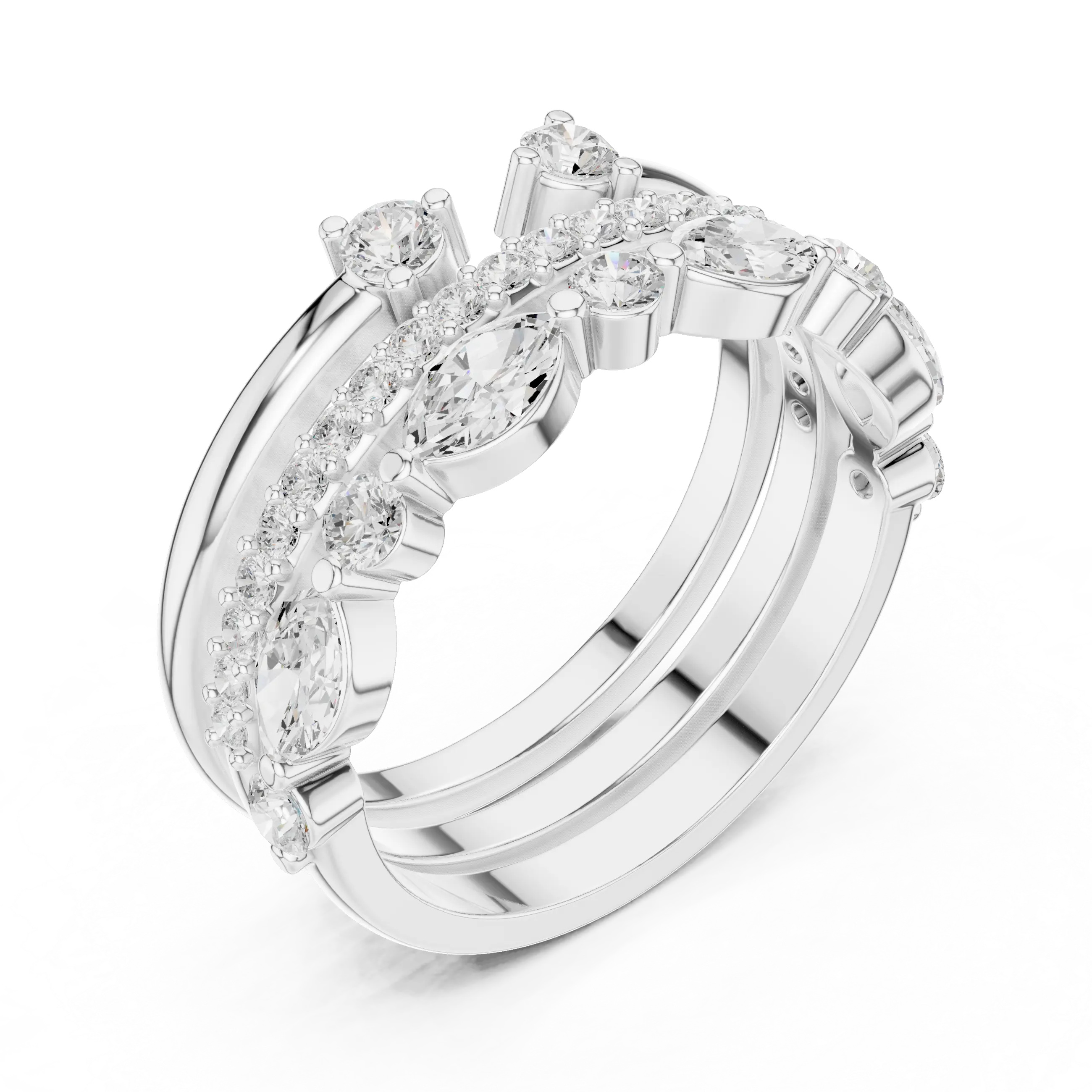 14K Yellow Gold Triple Row Marquise & Round Cluster Band