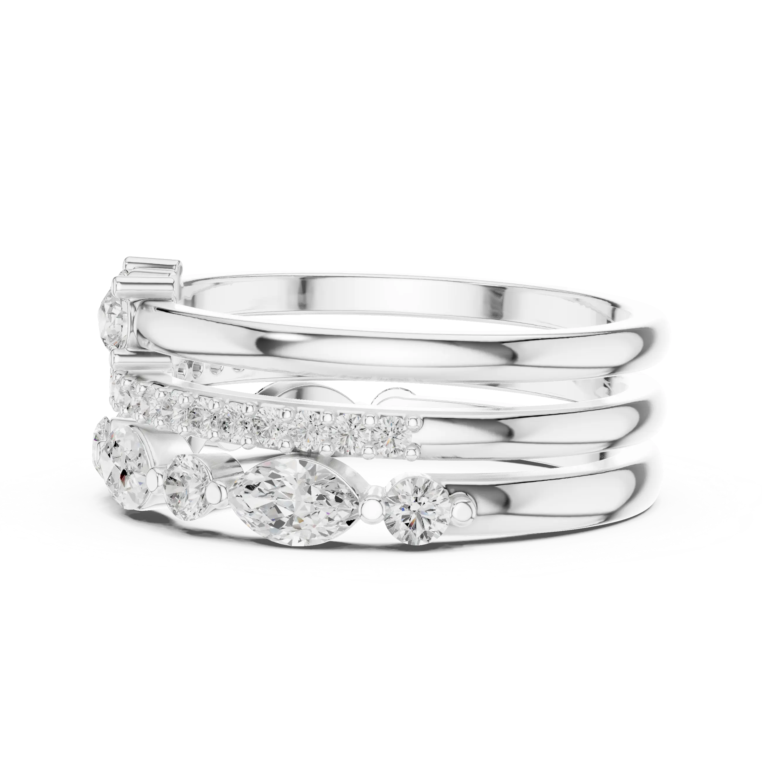 14K Yellow Gold Triple Row Marquise & Round Cluster Band