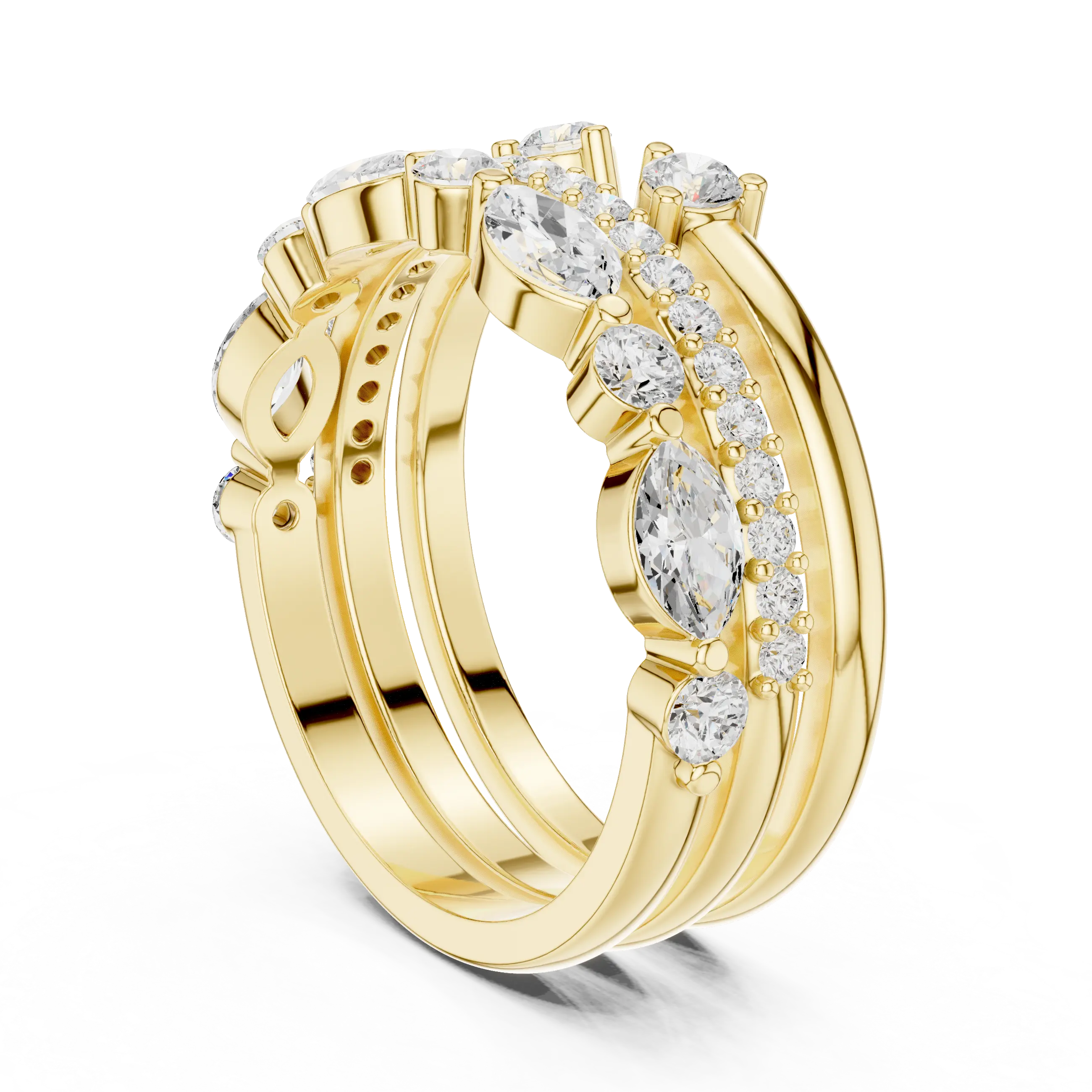 14K Yellow Gold Triple Row Marquise & Round Cluster Band