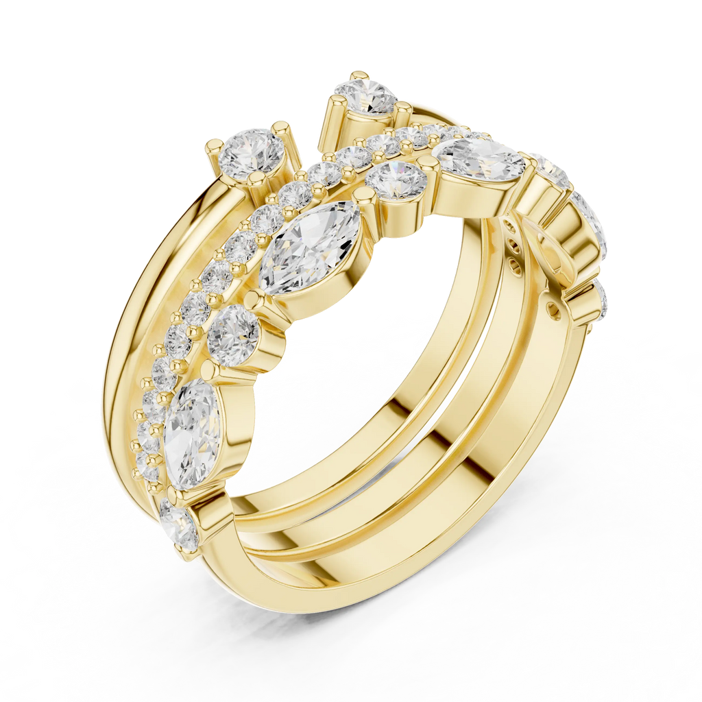 14K Yellow Gold Triple Row Marquise & Round Cluster Band