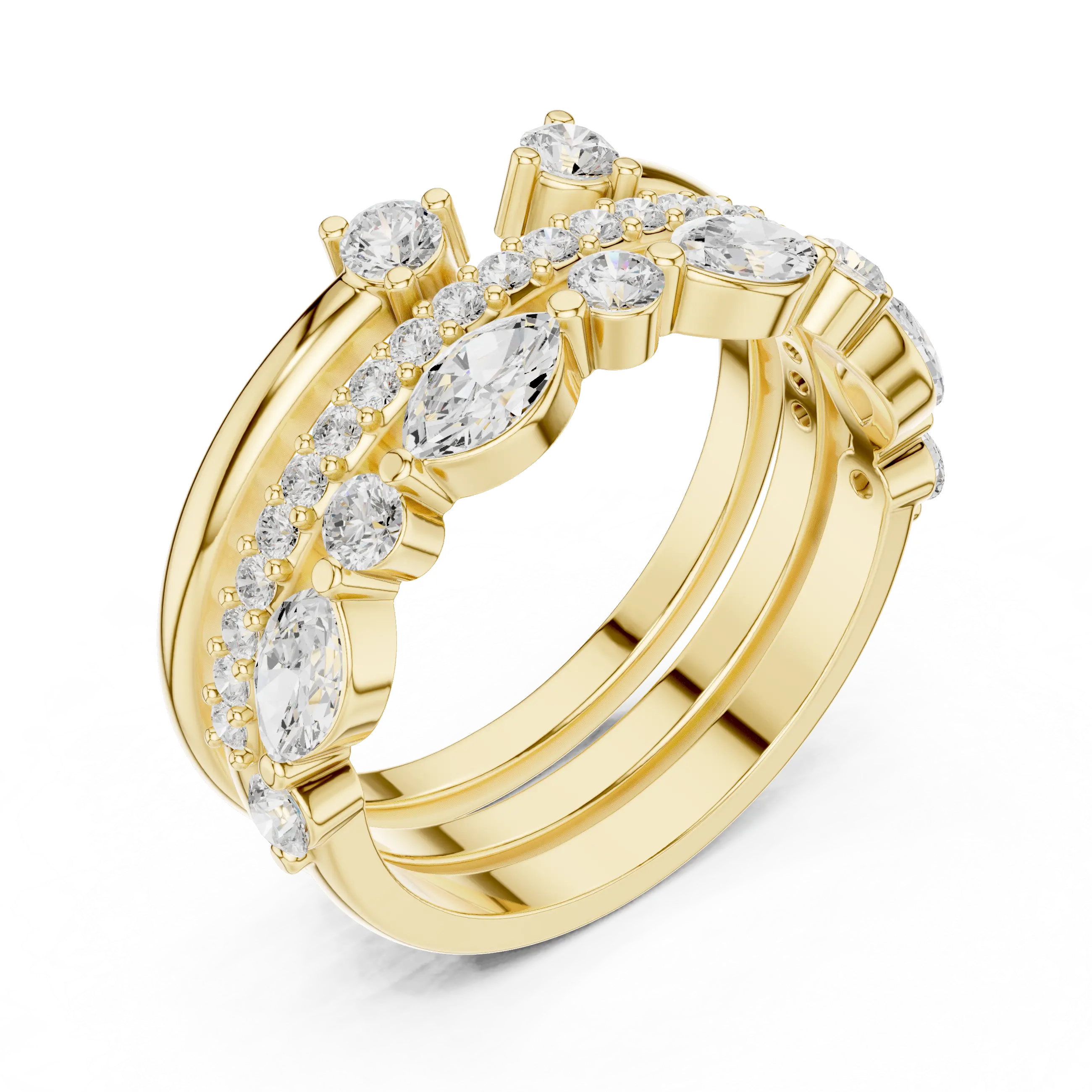 14K Yellow Gold Triple Row Marquise & Round Cluster Band