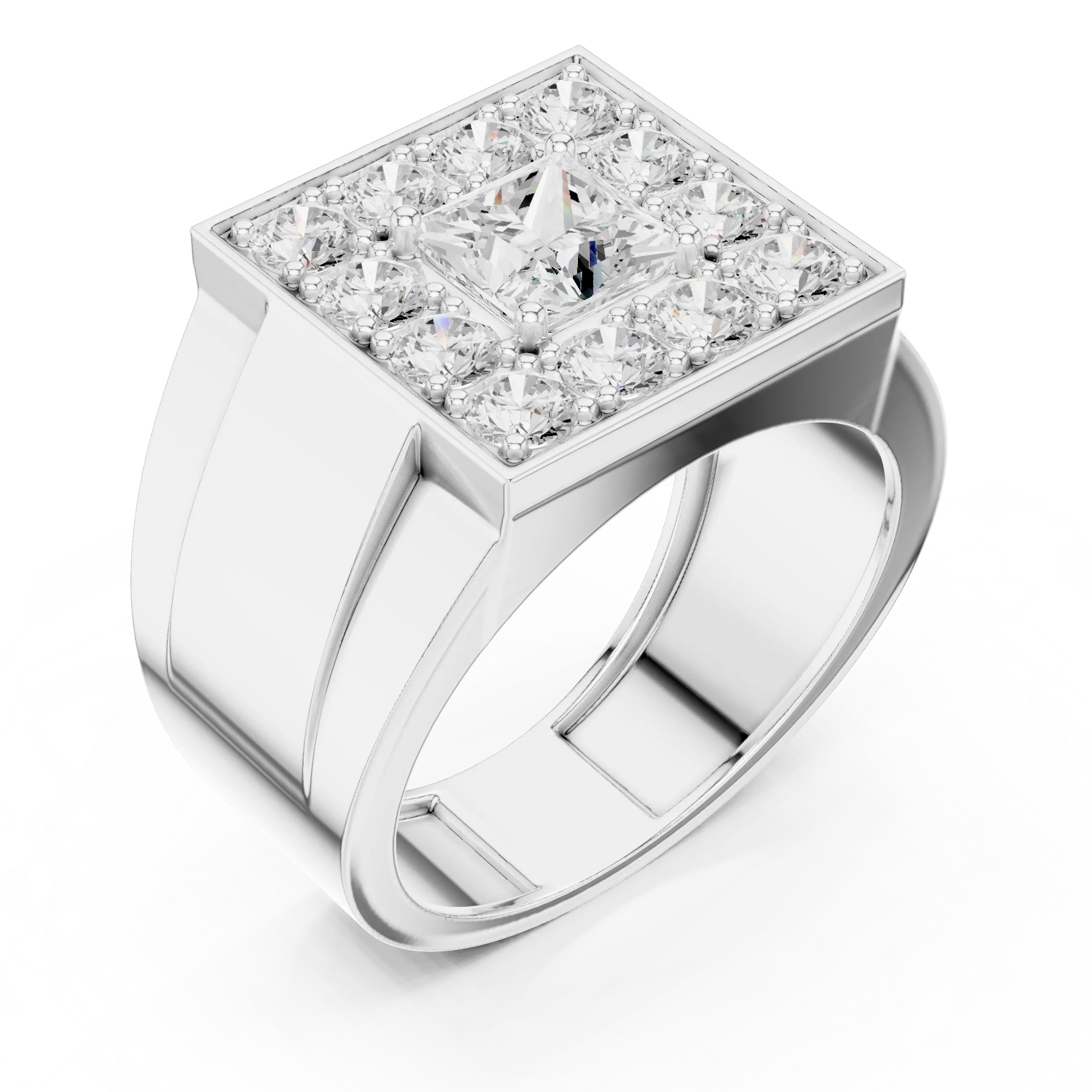 14K White Gold Men's Princess Cut Diamond Square Signet Ring