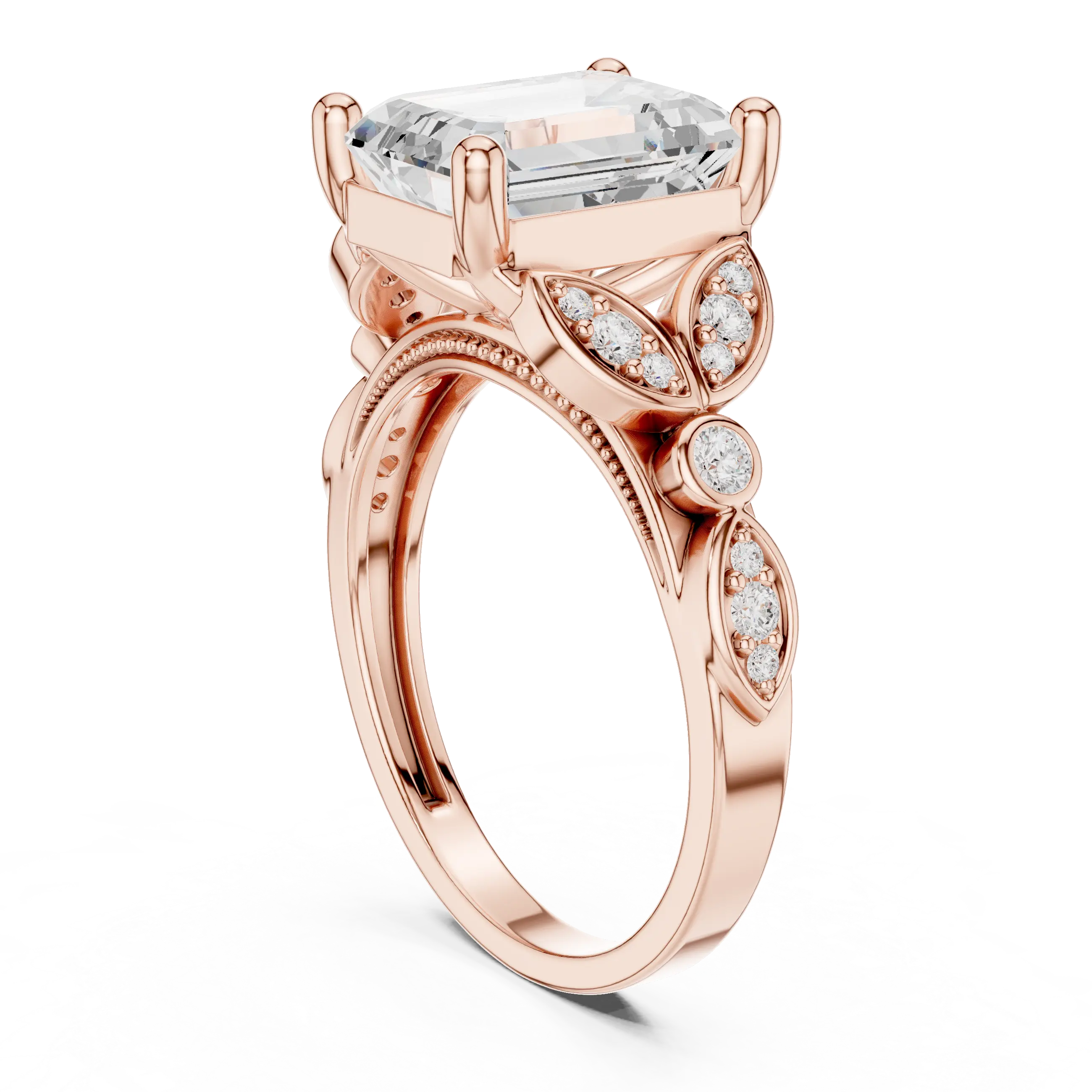 14K White Gold Emerald Cut Diamond Floral Leaf Engagement Ring