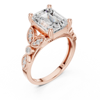 14K White Gold Emerald Cut Diamond Floral Leaf Engagement Ring