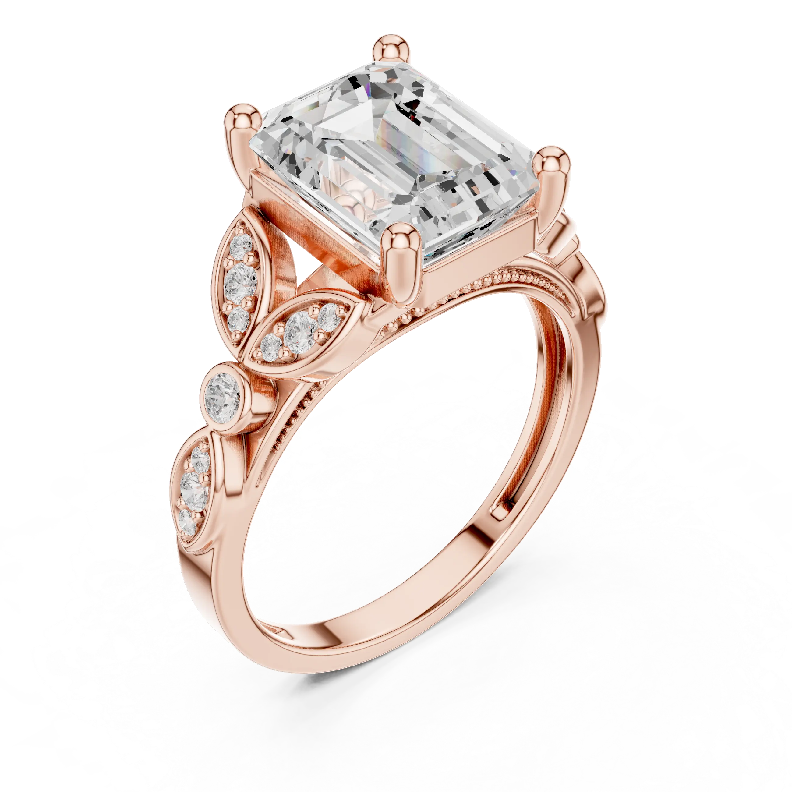 14K White Gold Emerald Cut Diamond Floral Leaf Engagement Ring