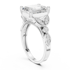 14K White Gold Emerald Cut Diamond Floral Leaf Engagement Ring