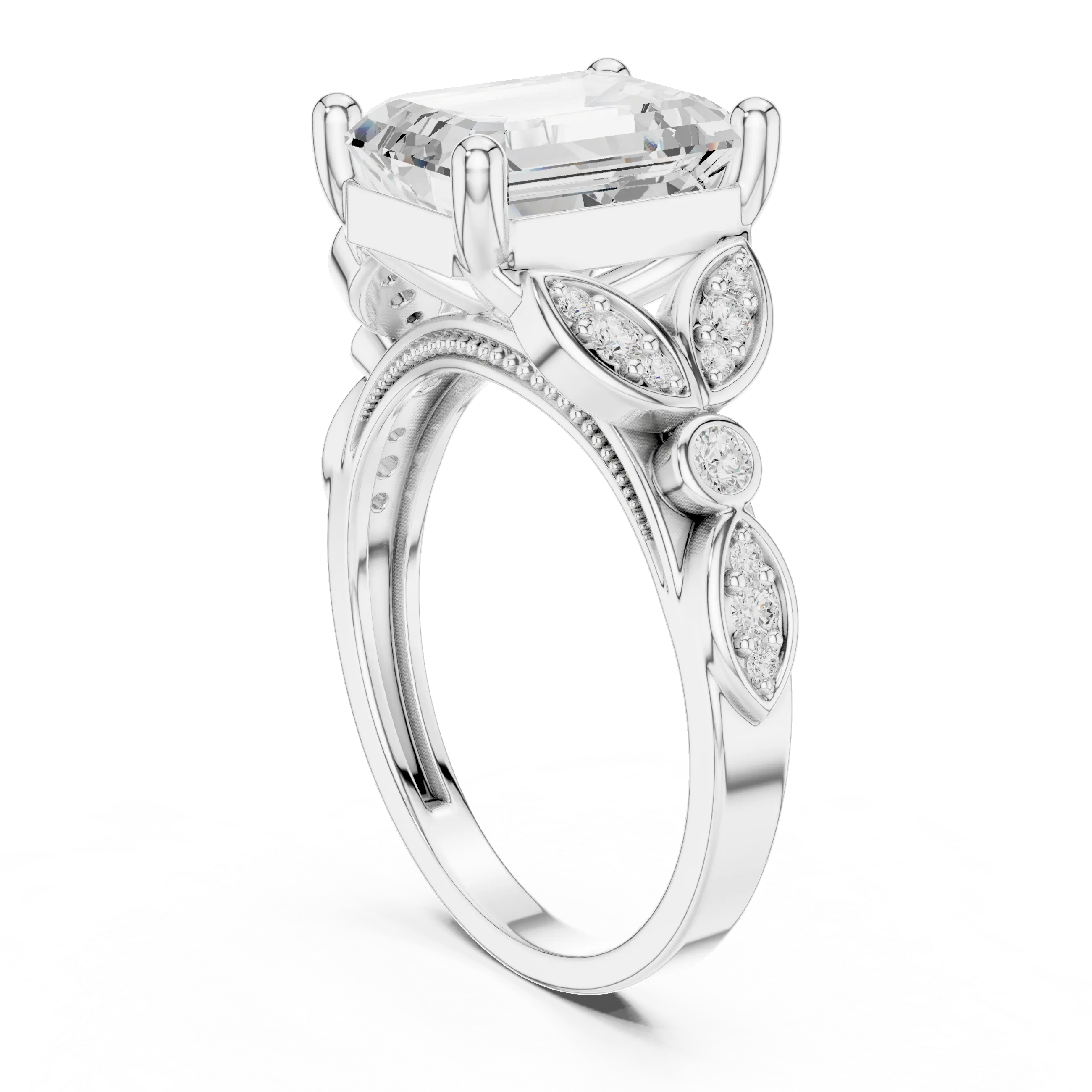 14K White Gold Emerald Cut Diamond Floral Leaf Engagement Ring