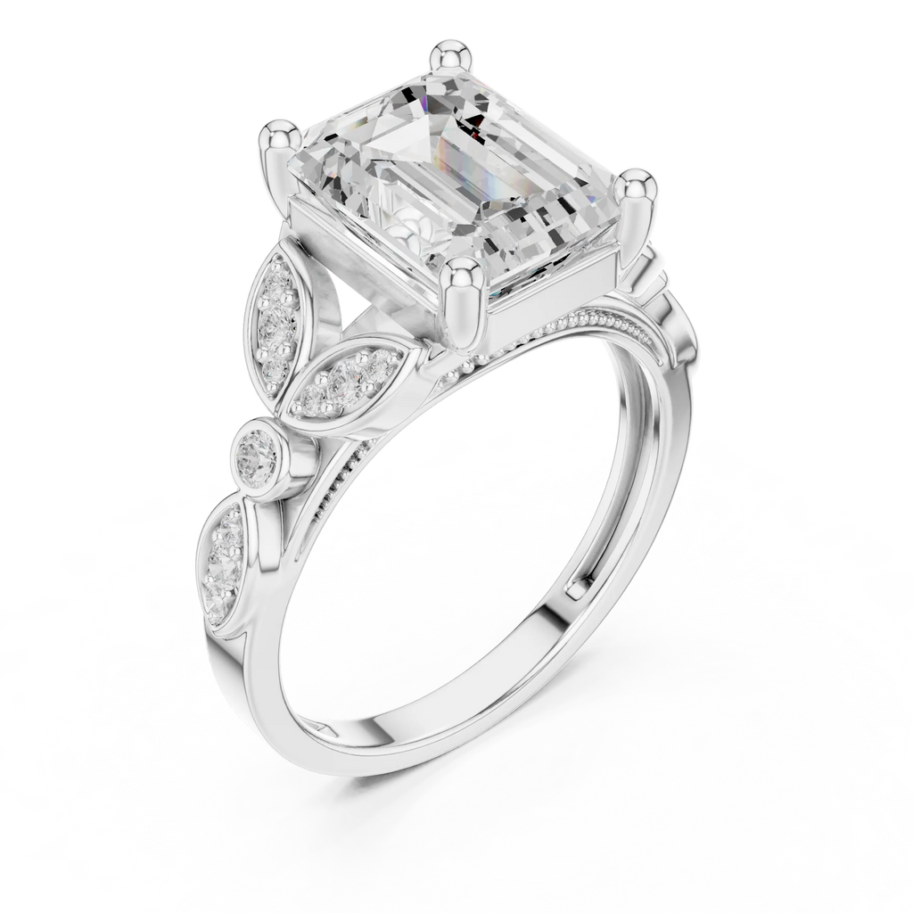 14K White Gold Emerald Cut Diamond Floral Leaf Engagement Ring