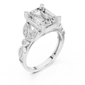 14K White Gold Emerald Cut Diamond Floral Leaf Engagement Ring