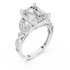 14K White Gold Emerald Cut Diamond Floral Leaf Engagement Ring
