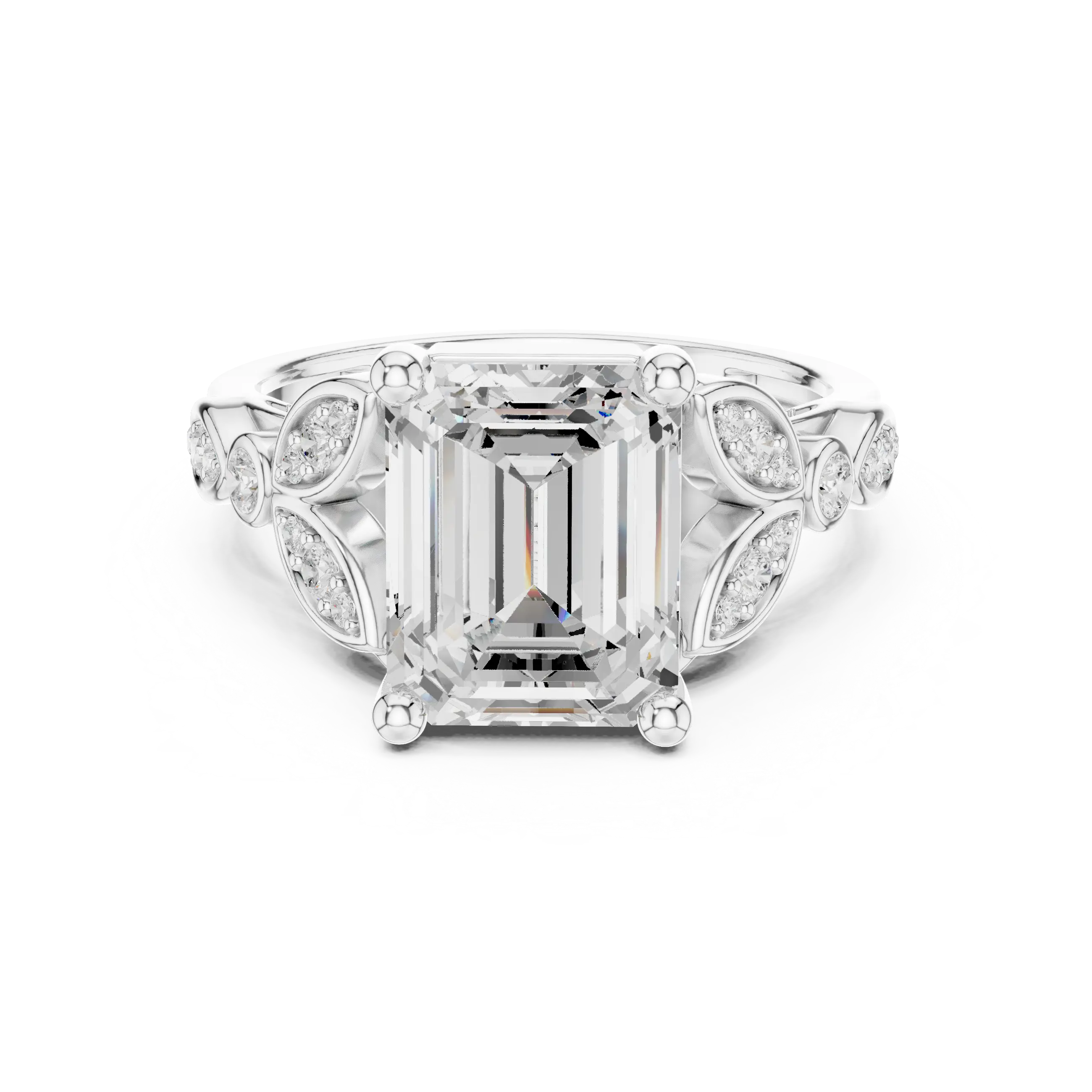 14K White Gold Emerald Cut Diamond Floral Leaf Engagement Ring
