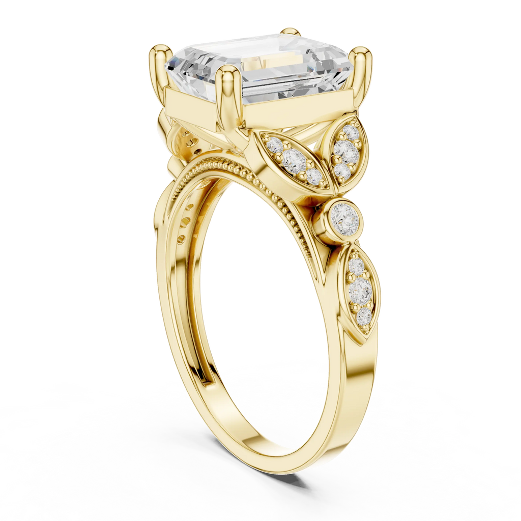 14K White Gold Emerald Cut Diamond Floral Leaf Engagement Ring