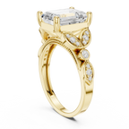 14K White Gold Emerald Cut Diamond Floral Leaf Engagement Ring