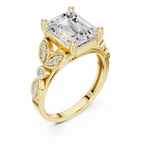 14K White Gold Emerald Cut Diamond Floral Leaf Engagement Ring