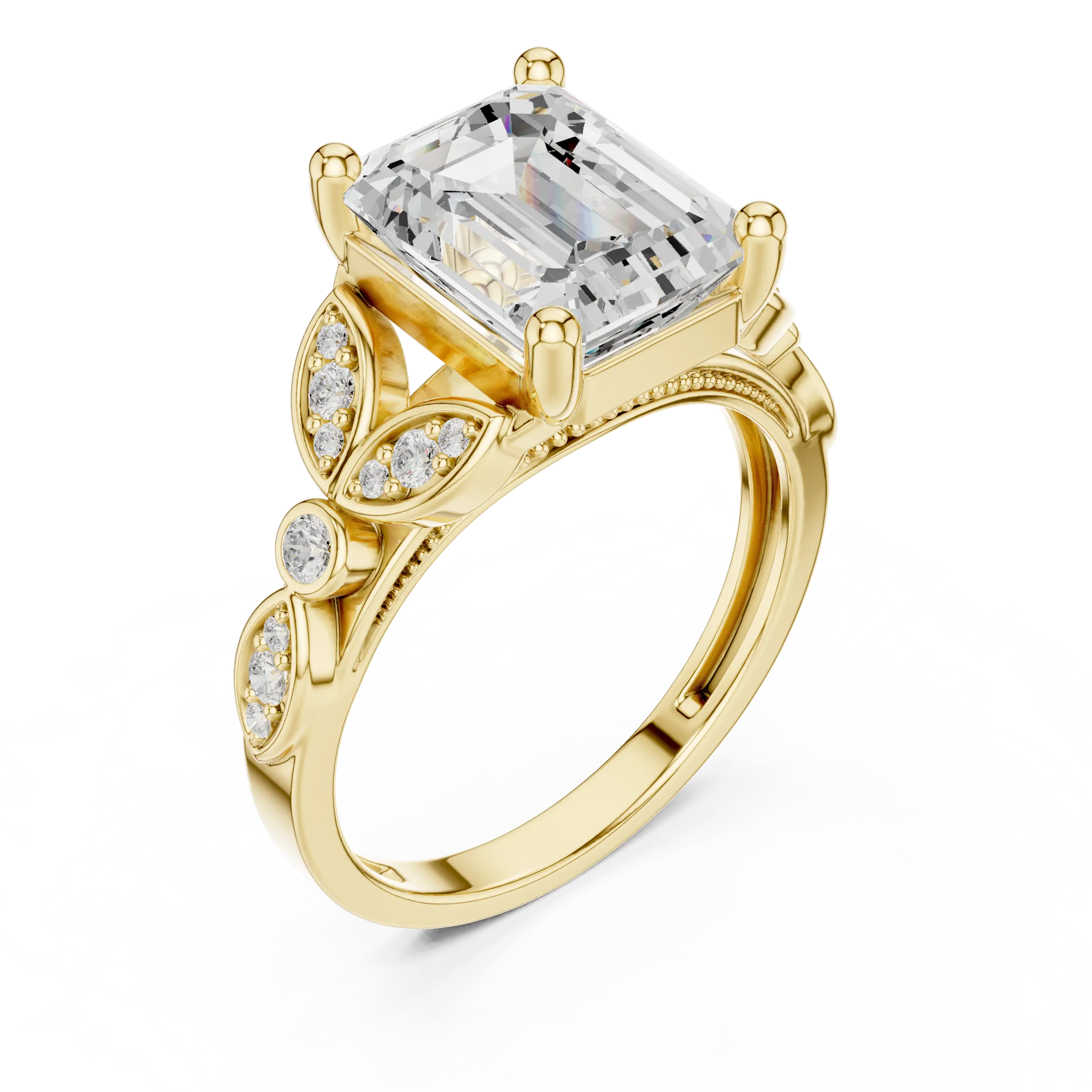 14K White Gold Emerald Cut Diamond Floral Leaf Engagement Ring
