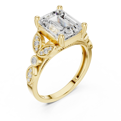14K White Gold Emerald Cut Diamond Floral Leaf Engagement Ring