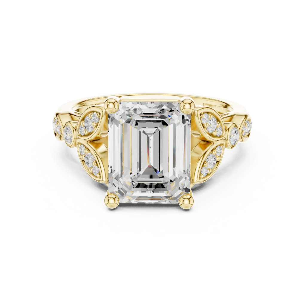 14K White Gold Emerald Cut Diamond Floral Leaf Engagement Ring