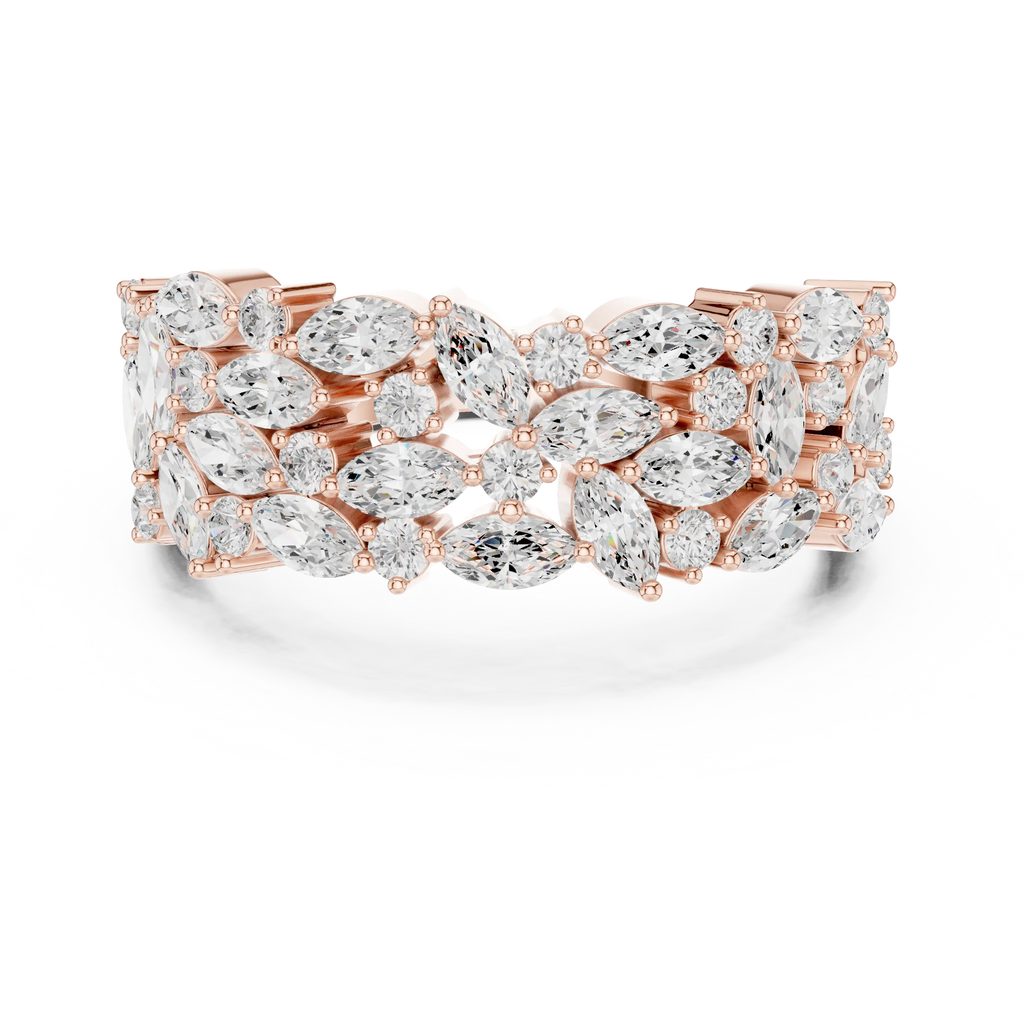 10K White Gold Triple Row Marquise & Round Diamond Cluster Band