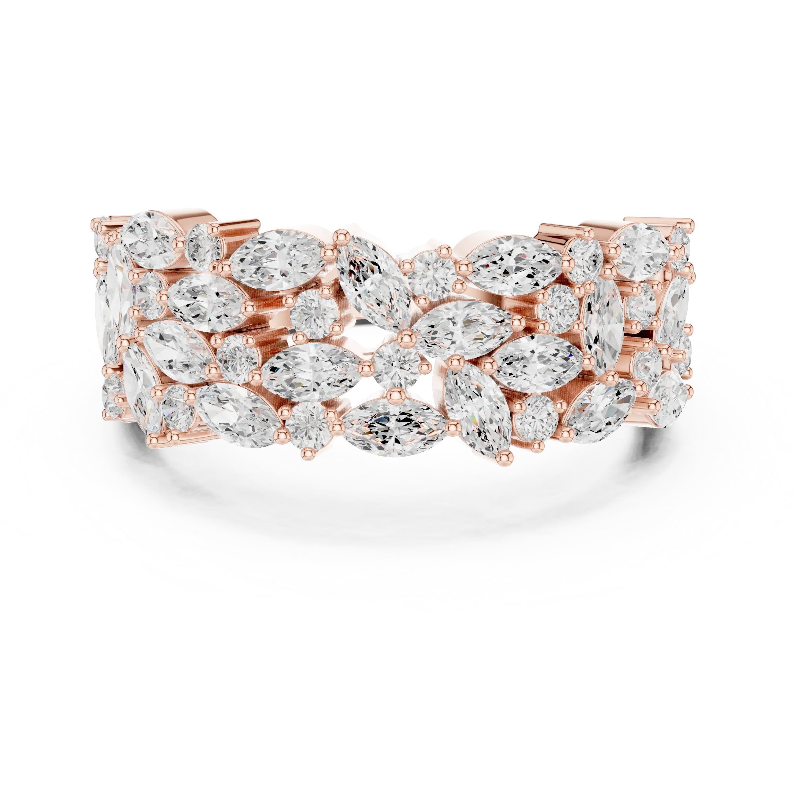10K White Gold Triple Row Marquise & Round Diamond Cluster Band