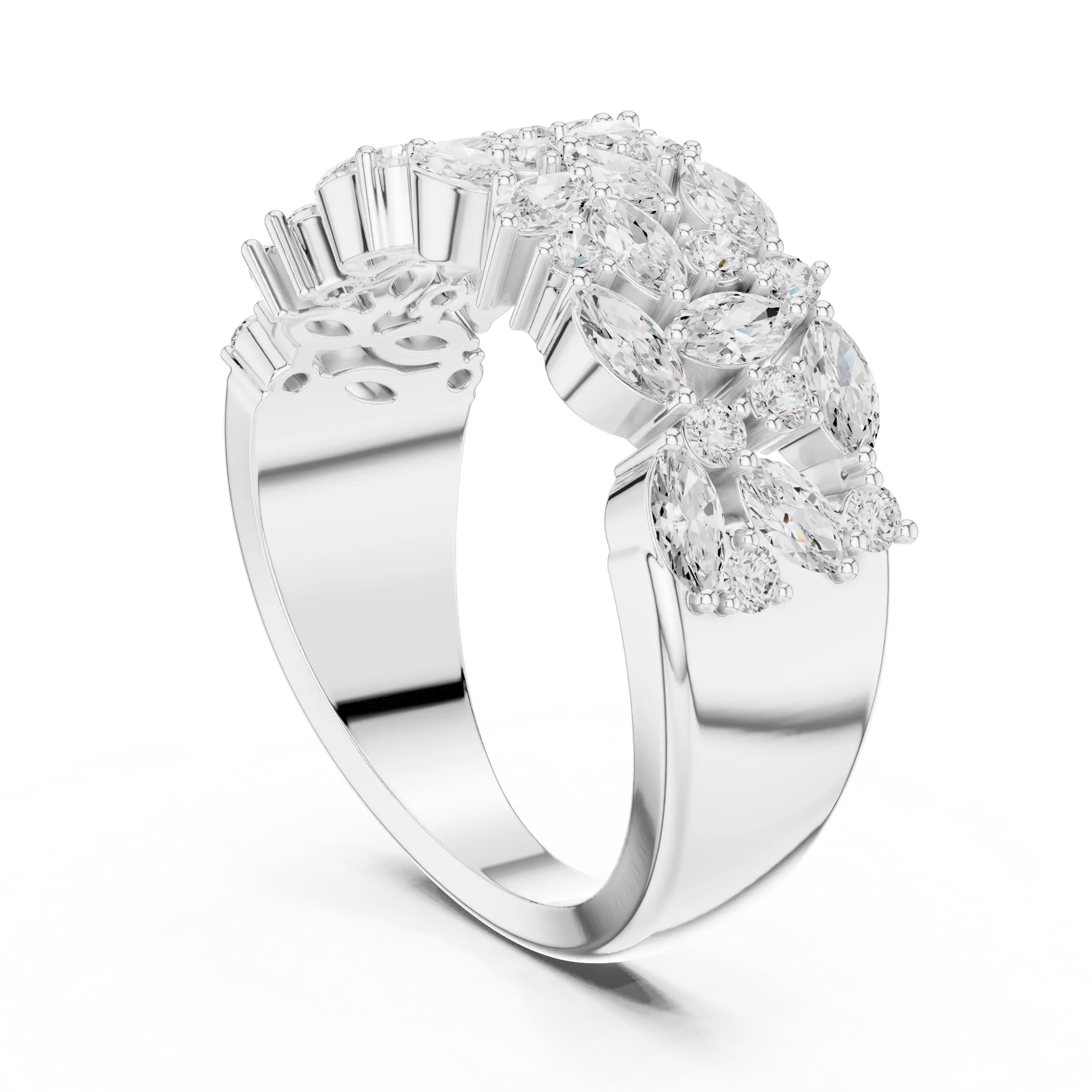 10K White Gold Triple Row Marquise & Round Diamond Cluster Band