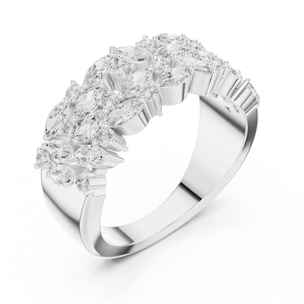 10K White Gold Triple Row Marquise & Round Diamond Cluster Band